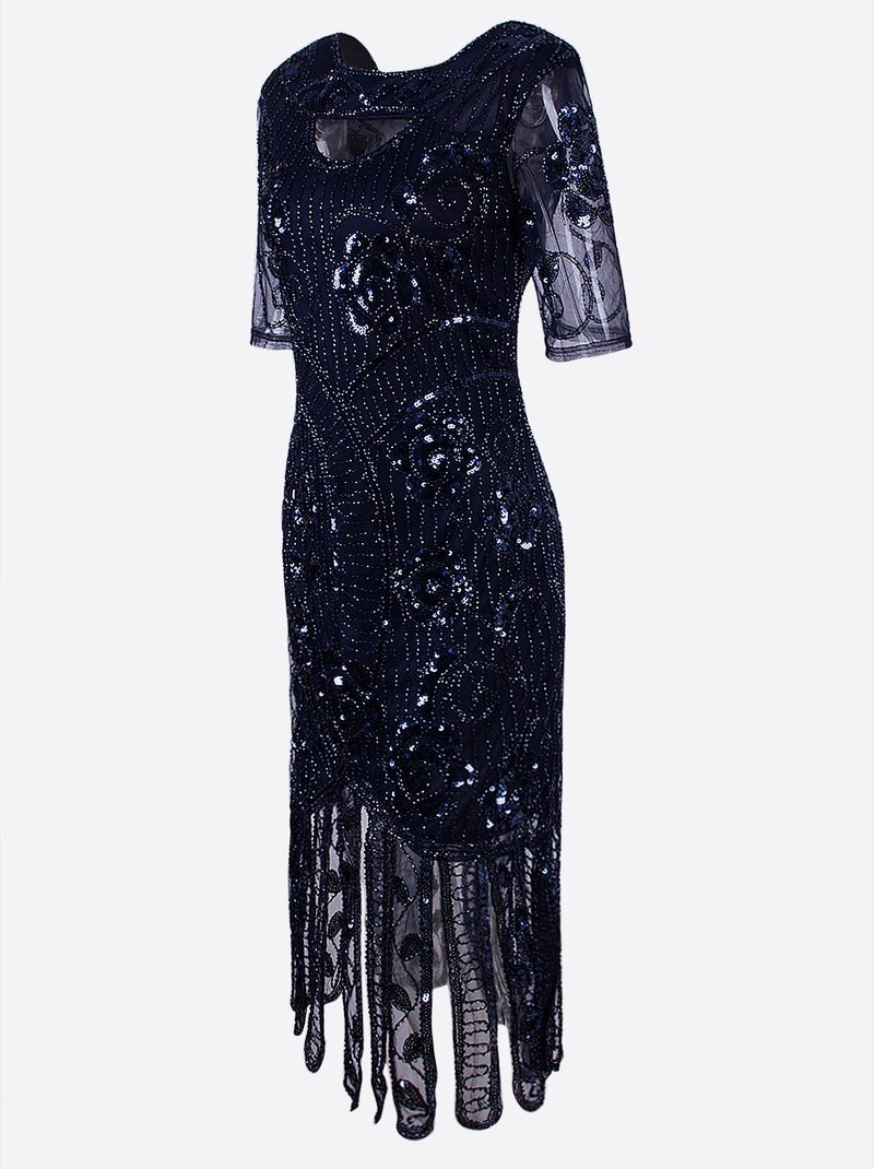 Vijiv Women's Vintage 1920s Style Sequined Beaded Roaring 20s Long Gatsby Flapper Dress with Sleeves for Themed Party, Blue Small - Image 3